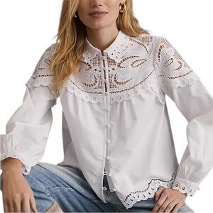 Anthropologie Lace Embroidered Baby Doll Long sleeve Elegant White Blouse